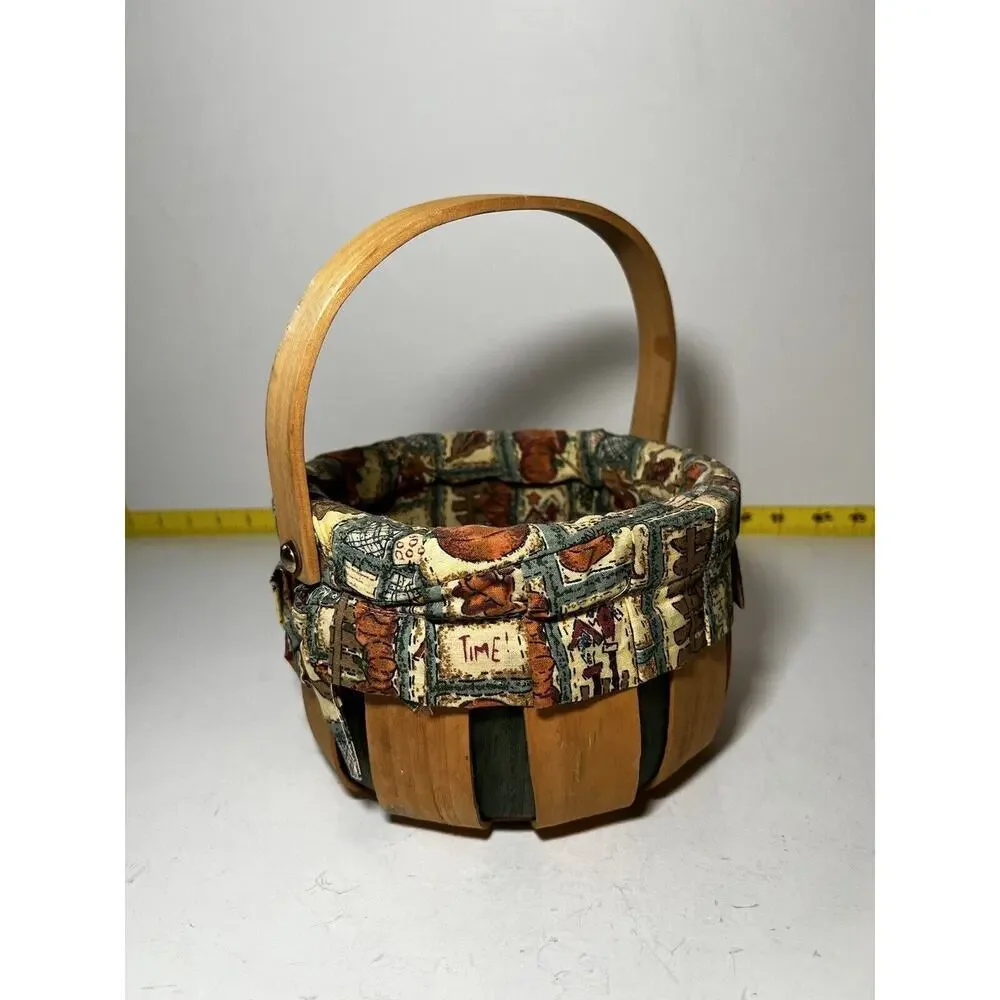 Vintage Wooden Basket Bent Wood Handle Cloth Lined Harvest Nailed Bottom